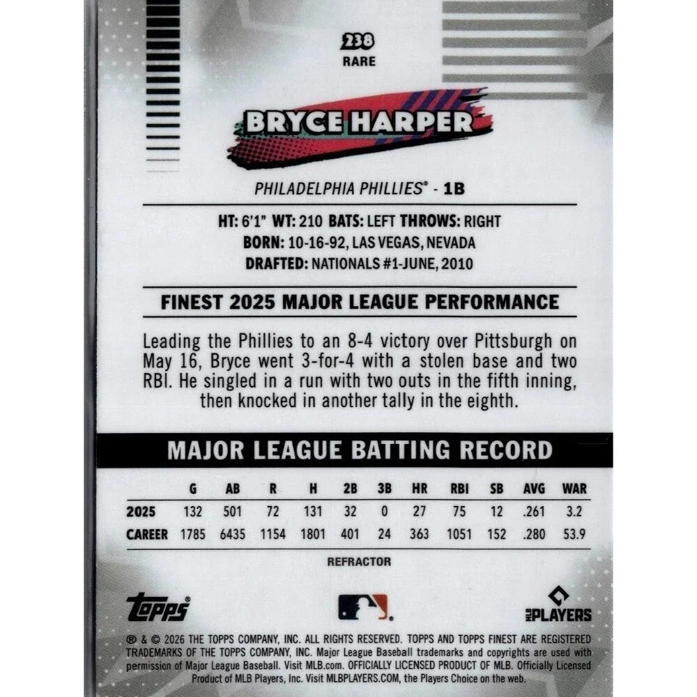 2026 Topps Finest Baseball# 238 Bryce Harper, Philadelphia Phillies Purple